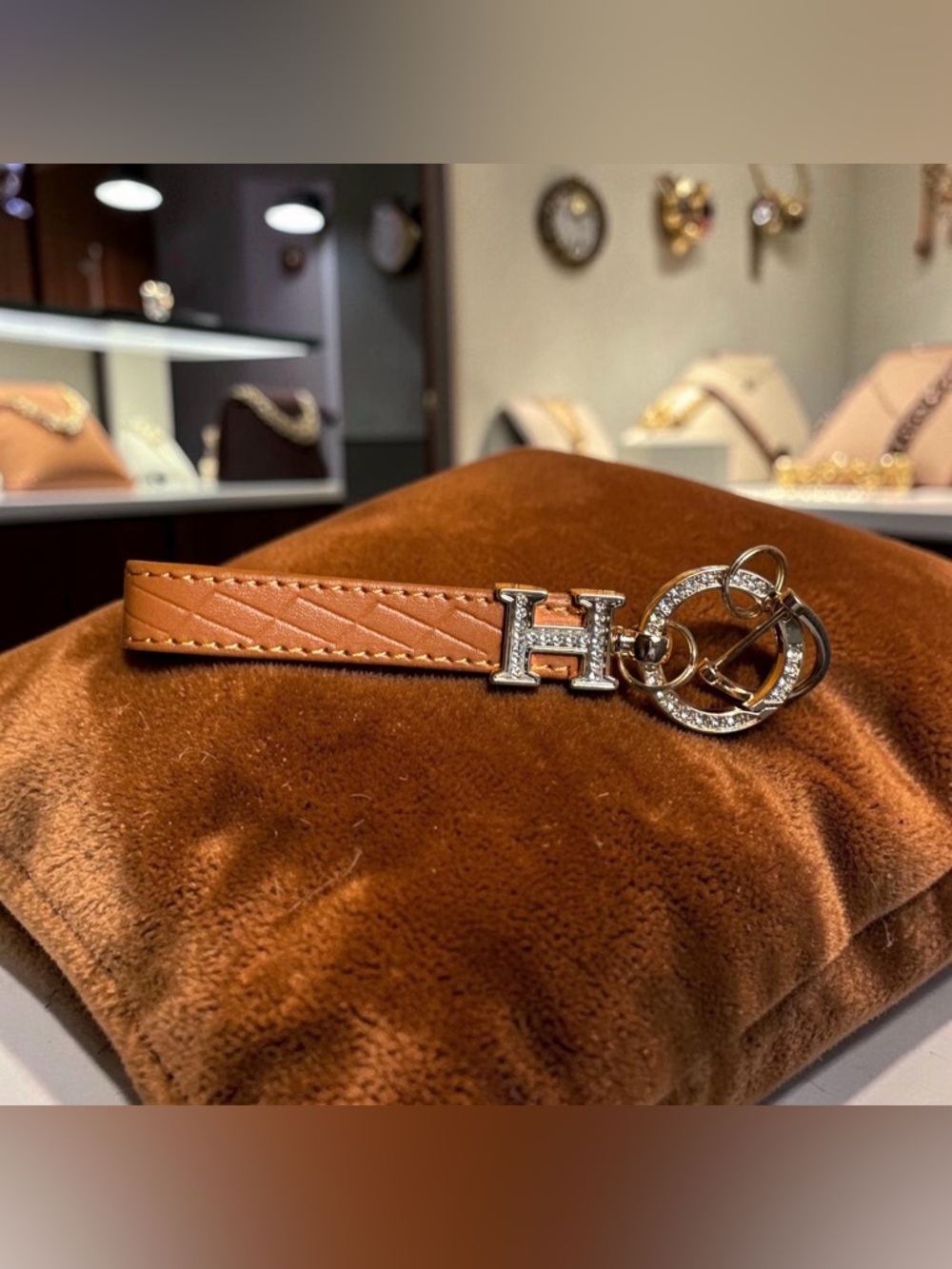 Brown Vegan Leather Keychain with Gold Tone Crystal Accent